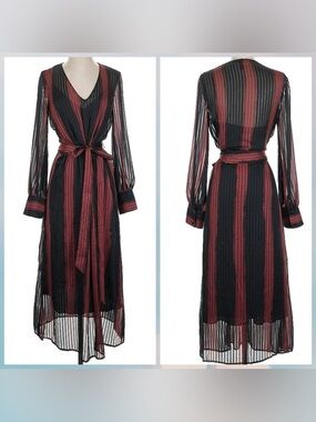 BCBGMaxAzria Black and Burgundy Striped Long-Sleeve Dress